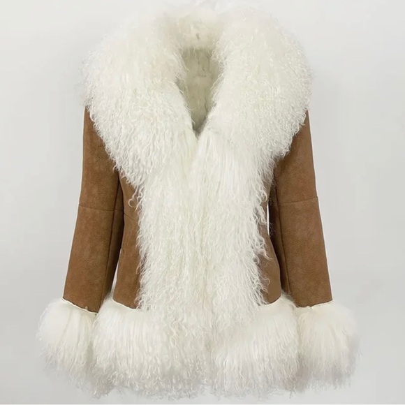 Luxurious Brown & Off White Mongolian Fur Penny Lane Retro 70s Jacket Coat - Picture 1 of 7